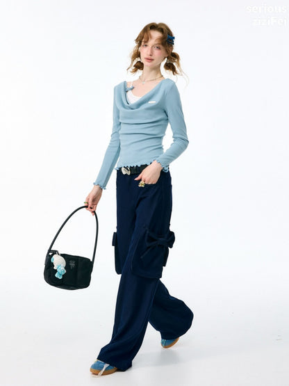 3D Bow Pocket High-waisted Slimming Navy Wide-Leg Workwear Casual Pants【s0000018437】