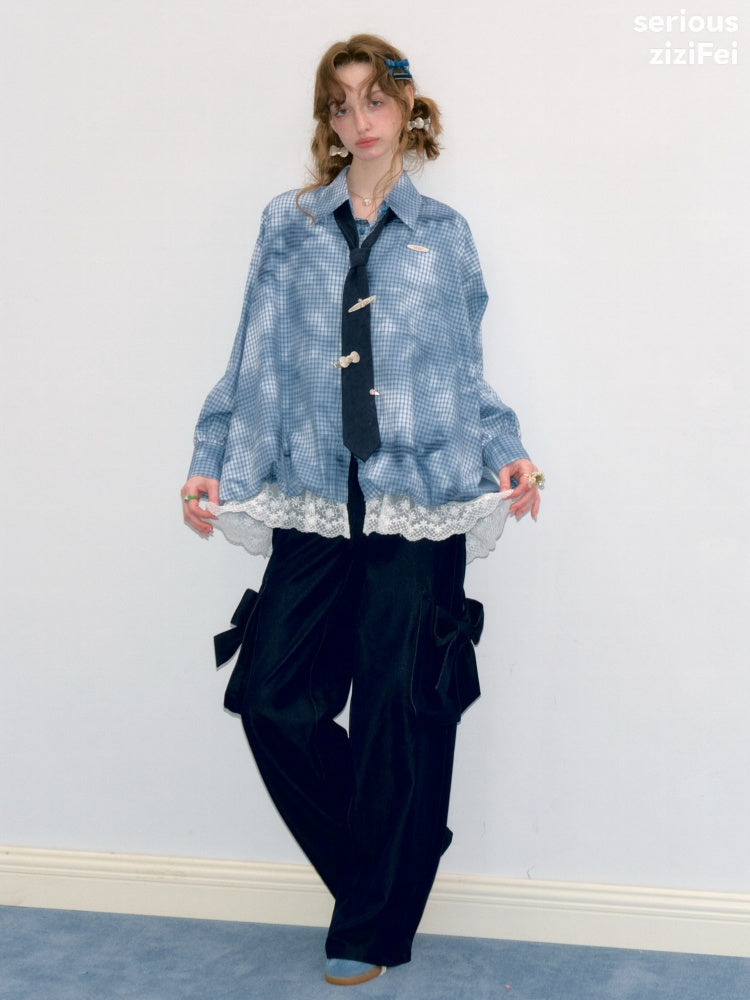 3D Bow Pocket High-waisted Slimming Navy Wide-Leg Workwear Casual Pants【s0000018437】