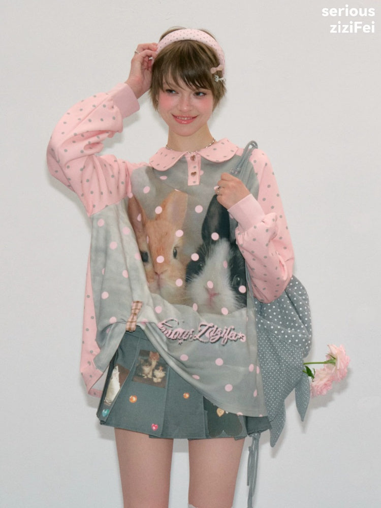 Girly Pink Rabbit Print Polka Dot Doll Collar Long-Sleeve T-Shirt【s0000018438】