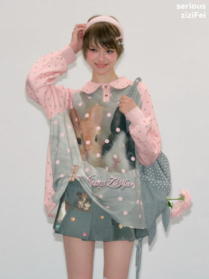 Girly Pink Rabbit Print Polka Dot Doll Collar Long-Sleeve T-Shirt【s0000018438】