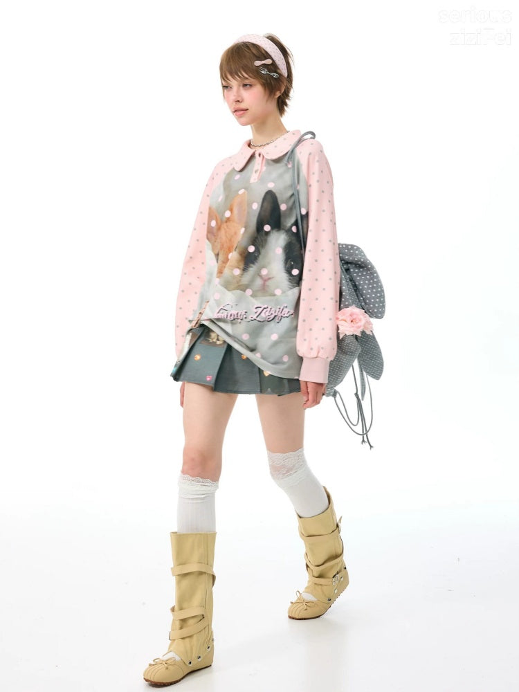 Girly Pink Rabbit Print Polka Dot Doll Collar Long-Sleeve T-Shirt【s0000018438】