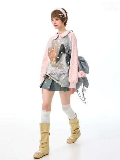 Girly Pink Rabbit Print Polka Dot Doll Collar Long-Sleeve T-Shirt【s0000018438】