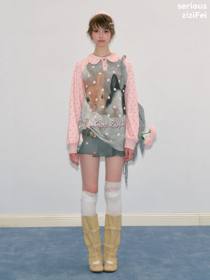 Girly Pink Rabbit Print Polka Dot Doll Collar Long-Sleeve T-Shirt【s0000018438】