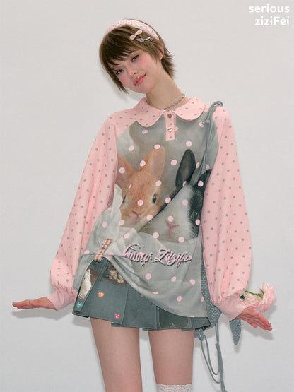 Girly Pink Rabbit Print Polka Dot Doll Collar Long-Sleeve T-Shirt【s0000018438】