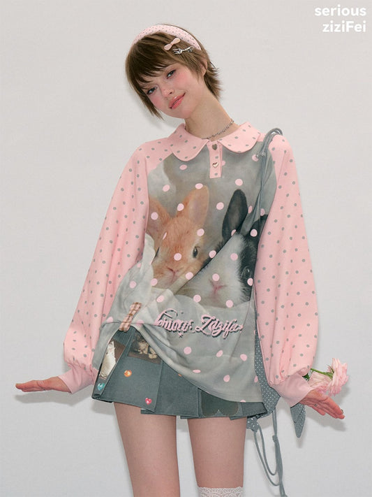 Girly Pink Rabbit Print Polka Dot Doll Collar Long-Sleeve T-Shirt【s0000018438】
