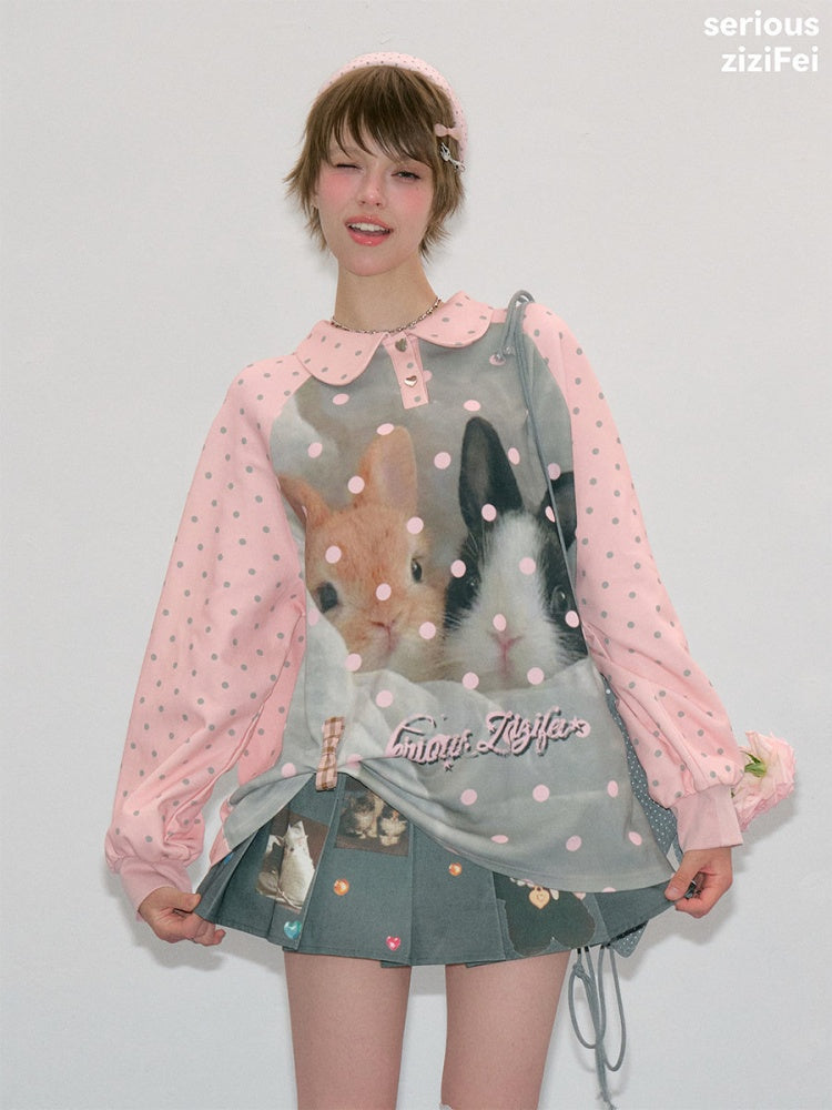 Girly Pink Rabbit Print Polka Dot Doll Collar Long-Sleeve T-Shirt【s0000018438】