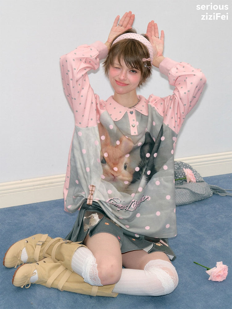 Girly Pink Rabbit Print Polka Dot Doll Collar Long-Sleeve T-Shirt【s0000018438】