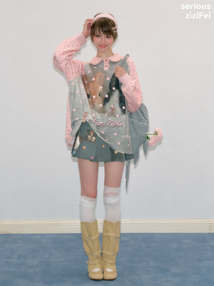 Girly Pink Rabbit Print Polka Dot Doll Collar Long-Sleeve T-Shirt【s0000018438】