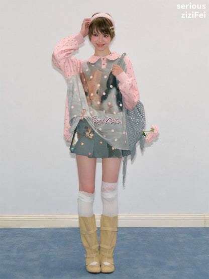 Girly Pink Rabbit Print Polka Dot Doll Collar Long-Sleeve T-Shirt【s0000018438】