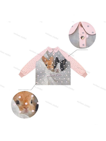 Girly Pink Rabbit Print Polka Dot Doll Collar Long-Sleeve T-Shirt【s0000018438】