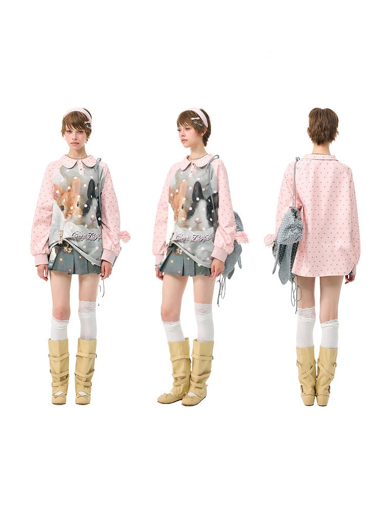 Girly Pink Rabbit Print Polka Dot Doll Collar Long-Sleeve T-Shirt【s0000018438】