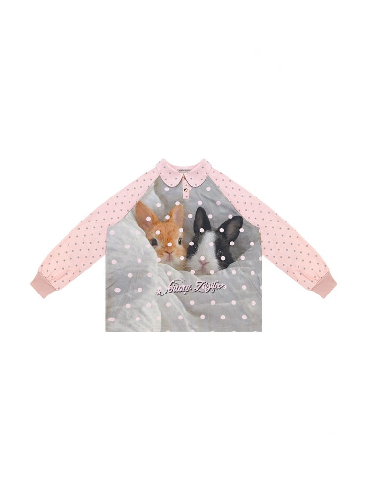 Girly Pink Rabbit Print Polka Dot Doll Collar Long-Sleeve T-Shirt【s0000018438】