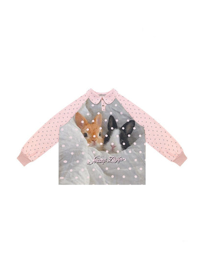 Girly Pink Rabbit Print Polka Dot Doll Collar Long-Sleeve T-Shirt【s0000018438】