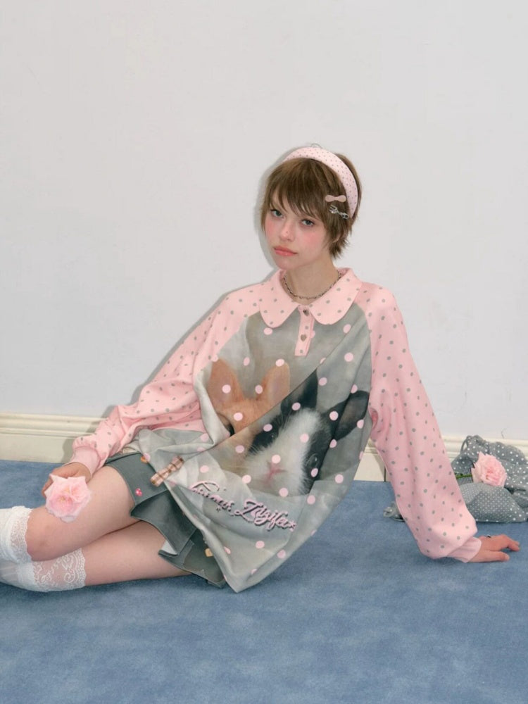 Girly Pink Rabbit Print Polka Dot Doll Collar Long-Sleeve T-Shirt【s0000018438】