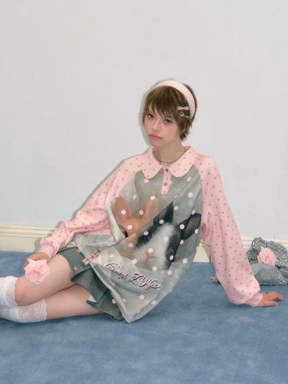 Girly Pink Rabbit Print Polka Dot Doll Collar Long-Sleeve T-Shirt【s0000018438】