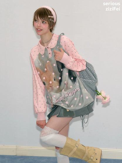 Girly Pink Rabbit Print Polka Dot Doll Collar Long-Sleeve T-Shirt【s0000018438】