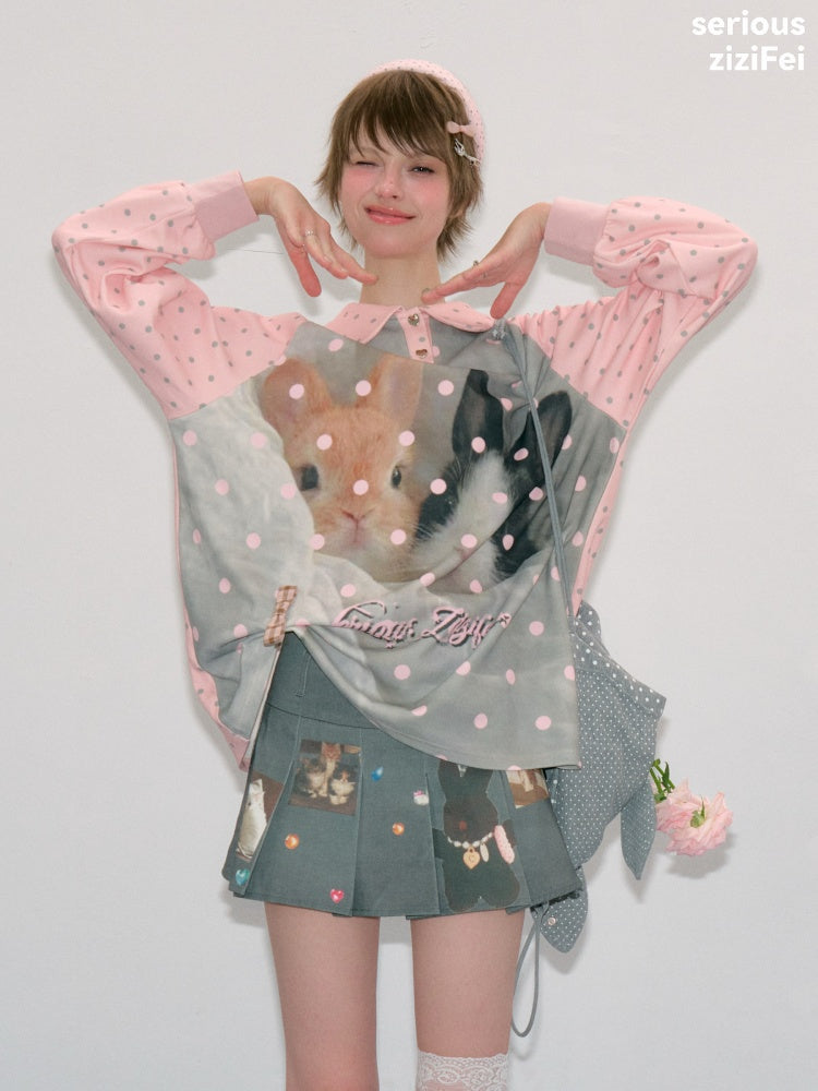 Girly Pink Rabbit Print Polka Dot Doll Collar Long-Sleeve T-Shirt【s0000018438】