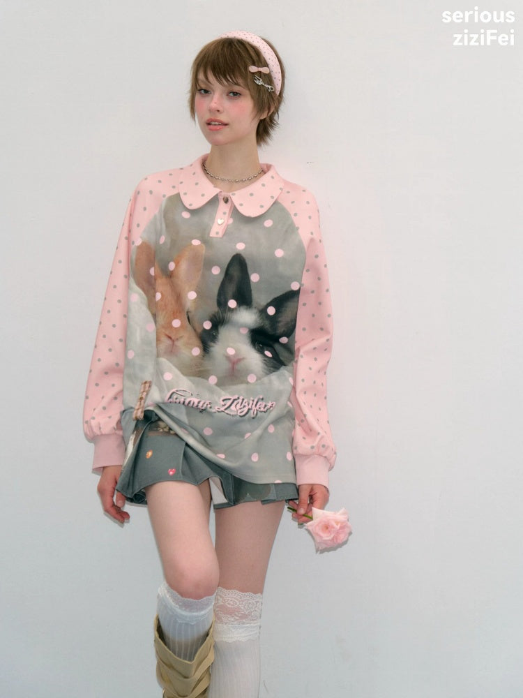 Girly Pink Rabbit Print Polka Dot Doll Collar Long-Sleeve T-Shirt【s0000018438】
