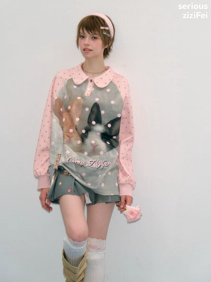 Girly Pink Rabbit Print Polka Dot Doll Collar Long-Sleeve T-Shirt【s0000018438】