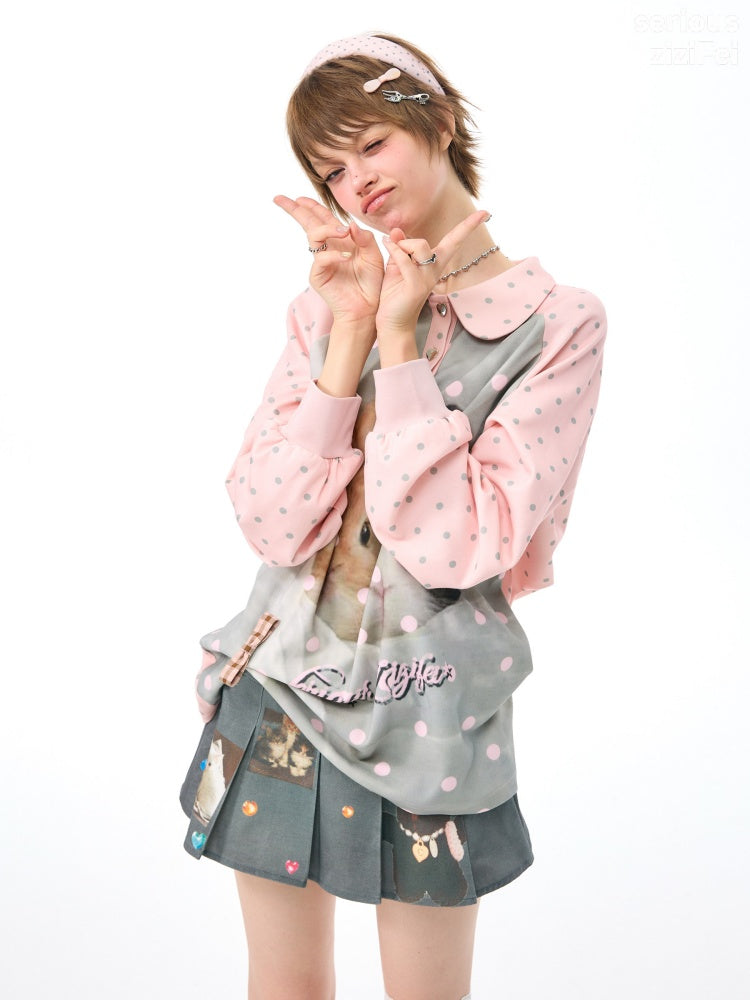 Girly Pink Rabbit Print Polka Dot Doll Collar Long-Sleeve T-Shirt【s0000018438】