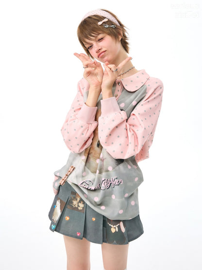 Girly Pink Rabbit Print Polka Dot Doll Collar Long-Sleeve T-Shirt【s0000018438】