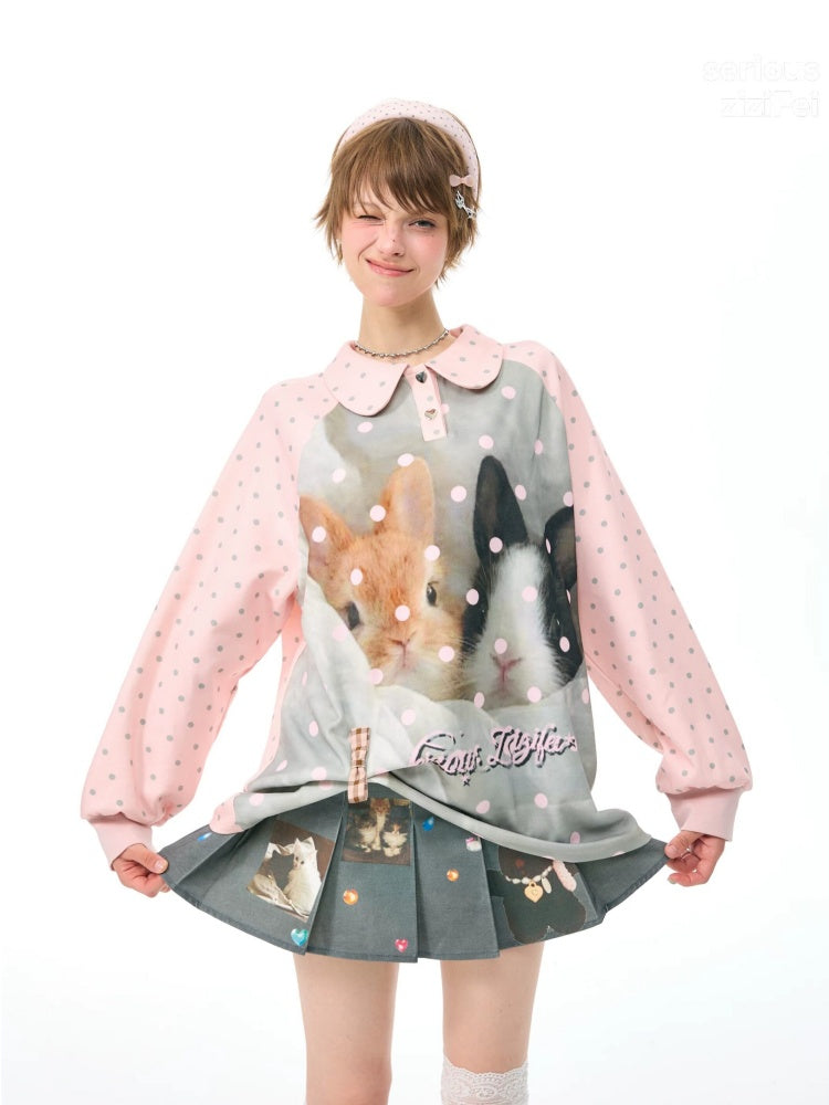 Girly Pink Rabbit Print Polka Dot Doll Collar Long-Sleeve T-Shirt【s0000018438】