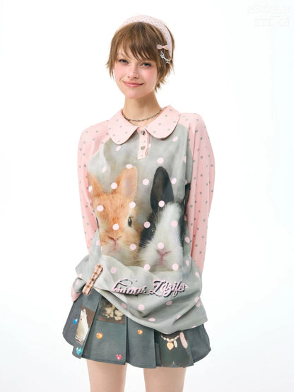 Girly Pink Rabbit Print Polka Dot Doll Collar Long-Sleeve T-Shirt【s0000018438】