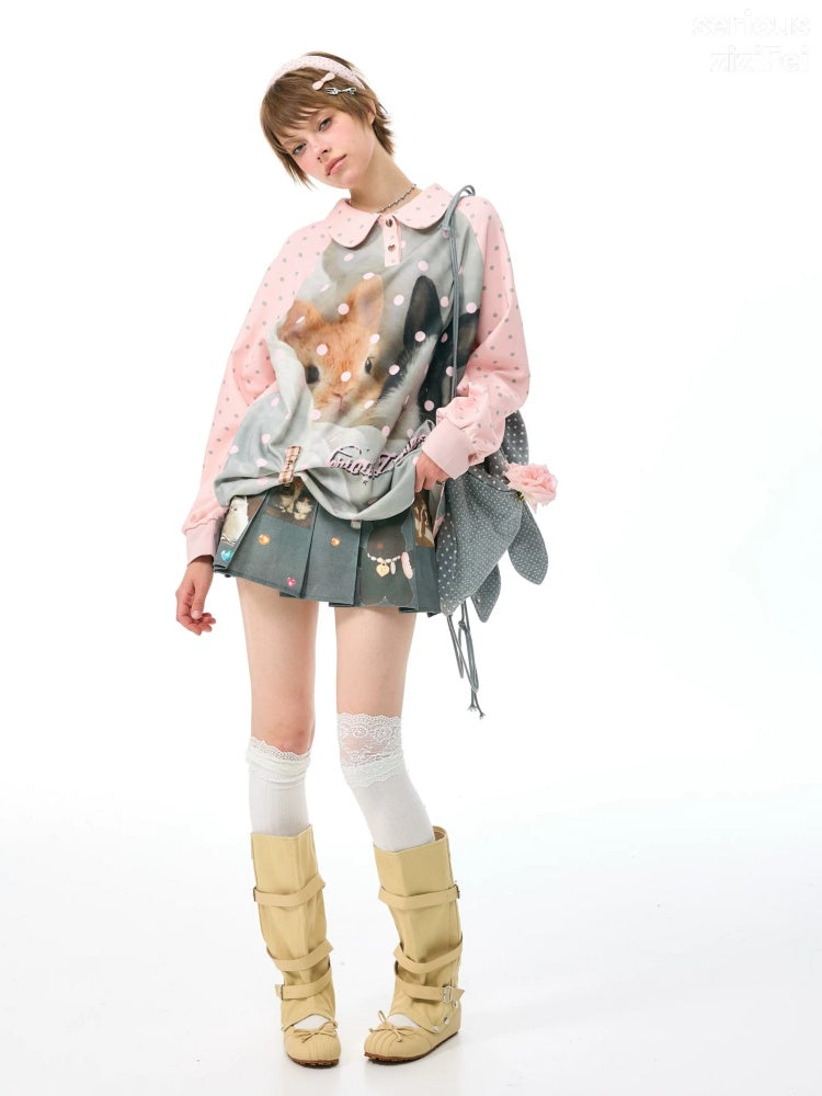 Girly Pink Rabbit Print Polka Dot Doll Collar Long-Sleeve T-Shirt【s0000018438】