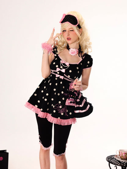 Paris Girl Eiffel Tower Print Rhinestone Pink Black Contrasting Polka Dot Puff Sleeve Dress【s0000018439】