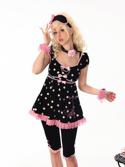 Paris Girl Eiffel Tower Print Rhinestone Pink Black Contrasting Polka Dot Puff Sleeve Dress【s0000018439】