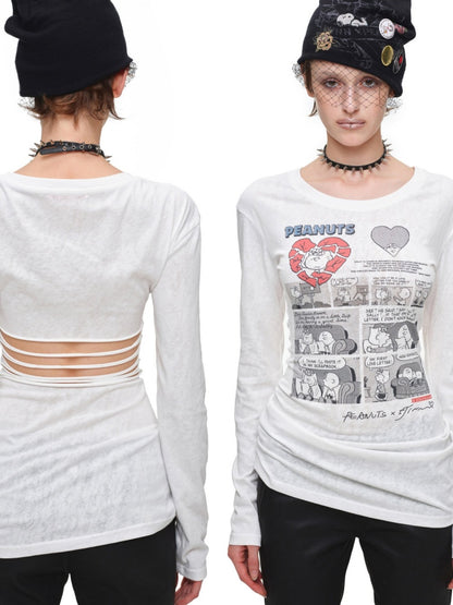 1JINN STUDIO x Snoopy Collaboration Retro Comic Print Cut Out Waist Revealing Long Sleeve T-Shirt【s0000018143】