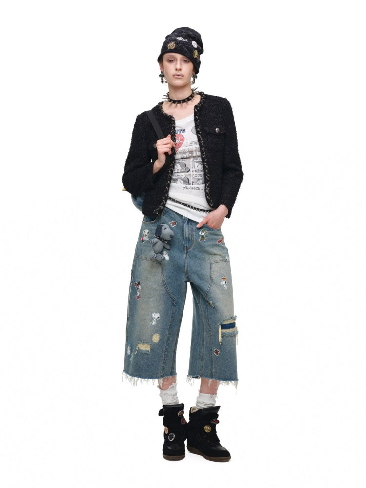 1JINN STUDIO x Snoopy Collaboration Retro Comic Print Cut Out Waist Revealing Long Sleeve T-Shirt【s0000018143】
