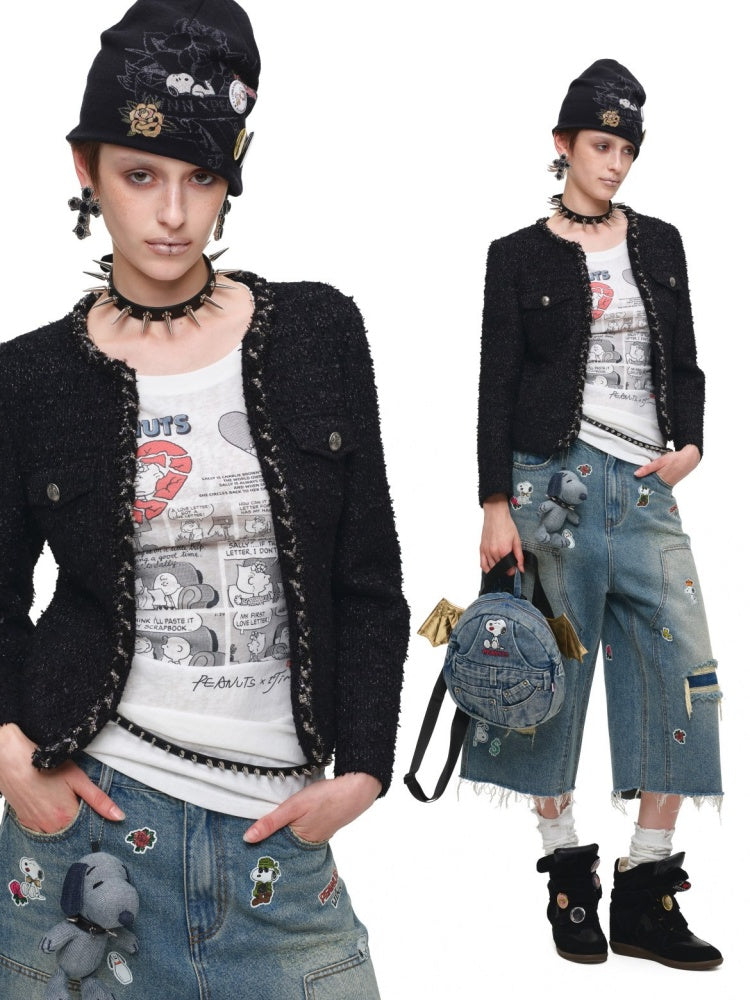 1JINN STUDIO x Snoopy Collaboration Retro Comic Print Cut Out Waist Revealing Long Sleeve T-Shirt【s0000018143】