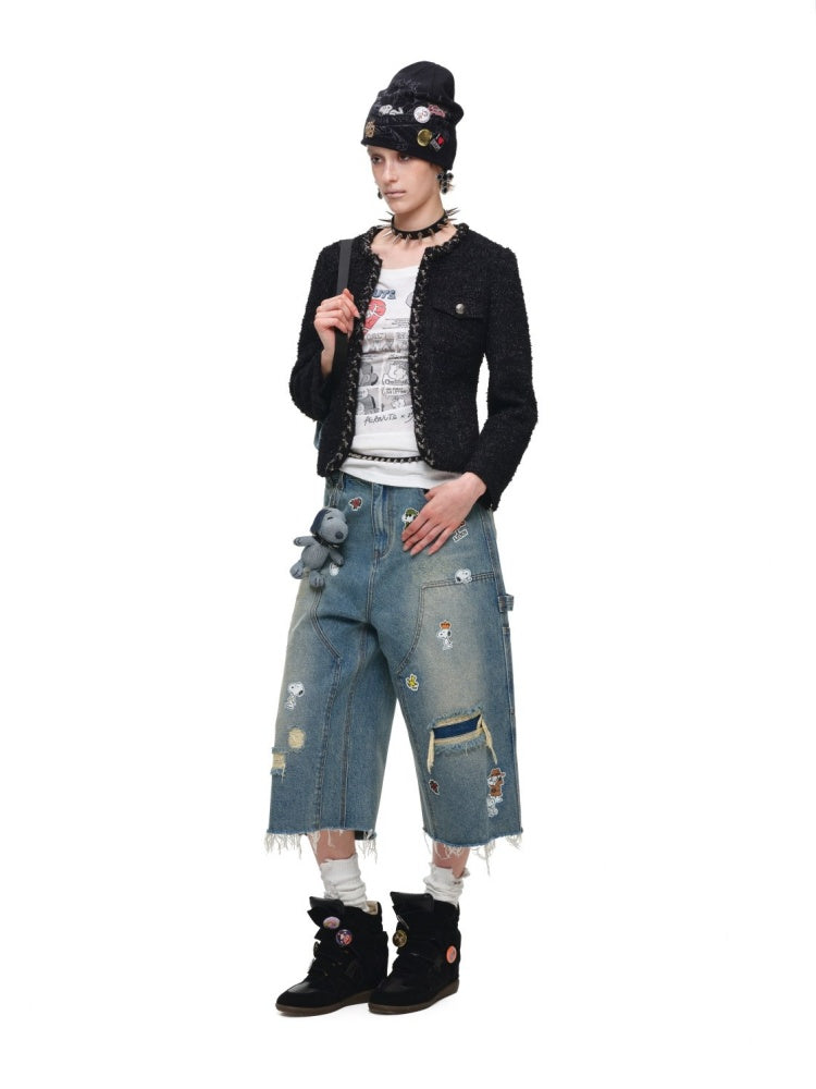 1JINN STUDIO x Snoopy Collaboration Retro Comic Print Cut Out Waist Revealing Long Sleeve T-Shirt【s0000018143】