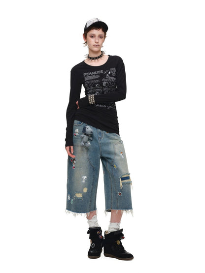 1JINN STUDIO x Snoopy Collaboration Retro Comic Print Cut Out Waist Revealing Long Sleeve T-Shirt【s0000018143】