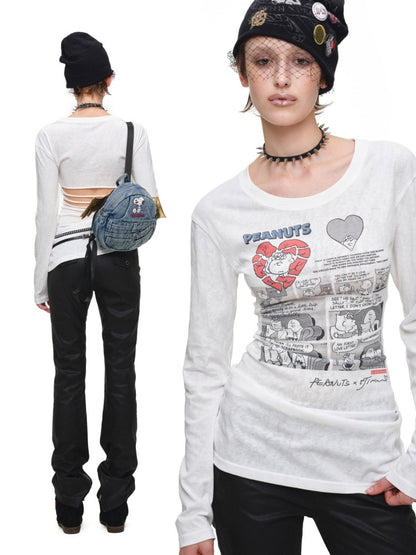 1JINN STUDIO x Snoopy Collaboration Retro Comic Print Cut Out Waist Revealing Long Sleeve T-Shirt【s0000018143】