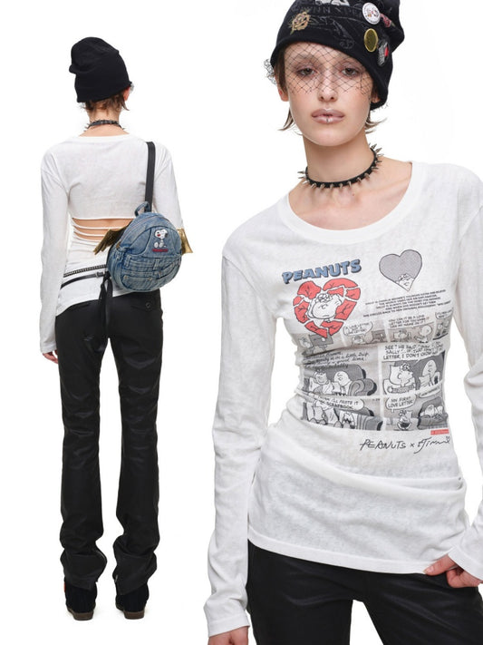 1JINN STUDIO x Snoopy Collaboration Retro Comic Print Cut Out Waist Revealing Long Sleeve T-Shirt【s0000018143】