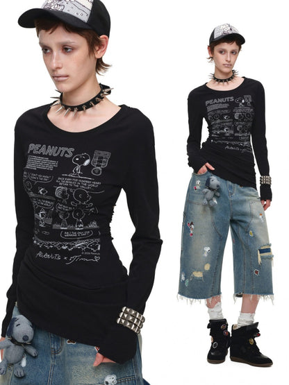 1JINN STUDIO x Snoopy Collaboration Retro Comic Print Cut Out Waist Revealing Long Sleeve T-Shirt【s0000018143】