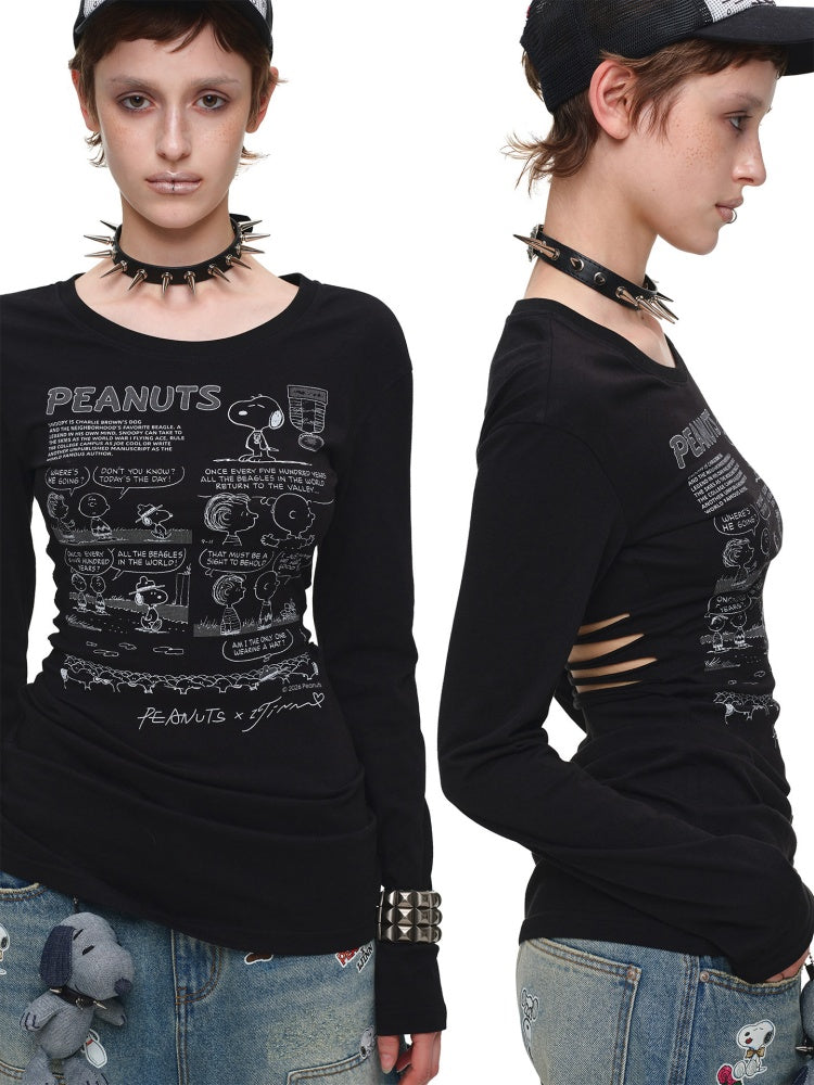 1JINN STUDIO x Snoopy Collaboration Retro Comic Print Cut Out Waist Revealing Long Sleeve T-Shirt【s0000018143】