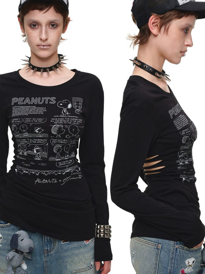1JINN STUDIO x Snoopy Collaboration Retro Comic Print Cut Out Waist Revealing Long Sleeve T-Shirt【s0000018143】