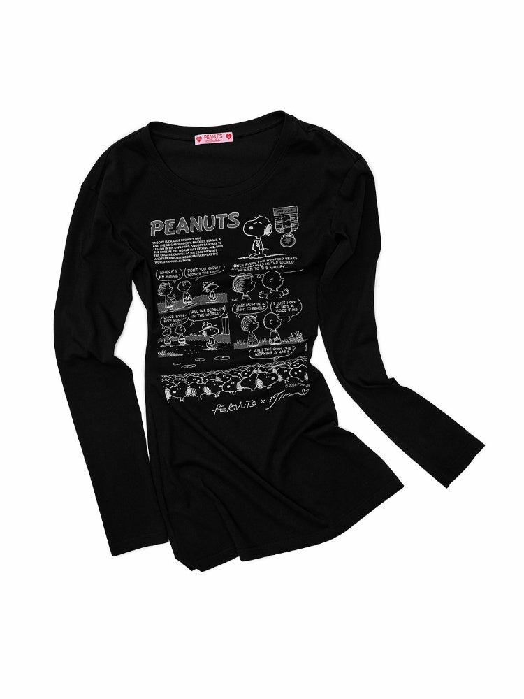 1JINN STUDIO x Snoopy Collaboration Retro Comic Print Cut Out Waist Revealing Long Sleeve T-Shirt【s0000018143】