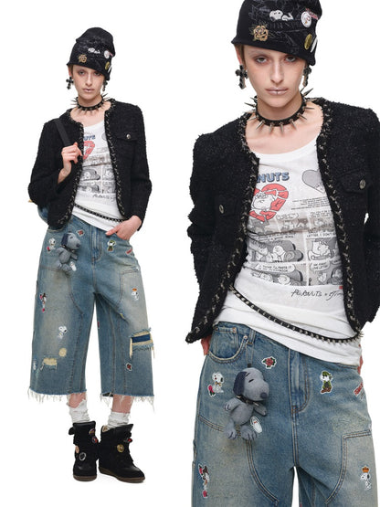 1JINN STUDIO x Snoopy Collaboration Retro Comic Print Cut Out Waist Revealing Long Sleeve T-Shirt【s0000018143】