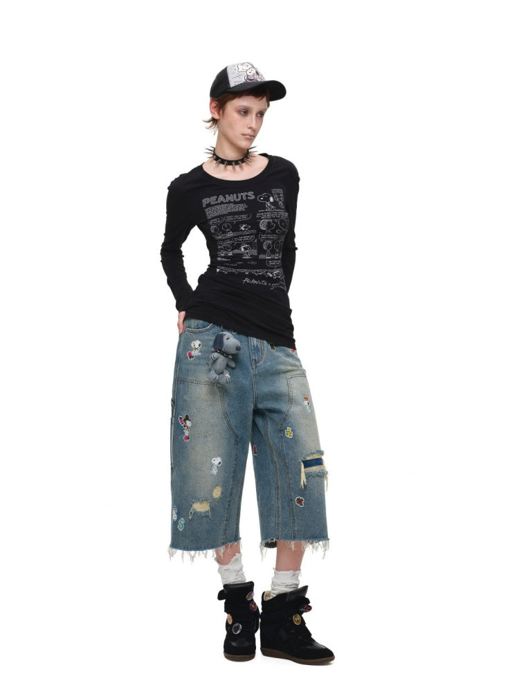1JINN STUDIO x Snoopy Collaboration Retro Comic Print Cut Out Waist Revealing Long Sleeve T-Shirt【s0000018143】