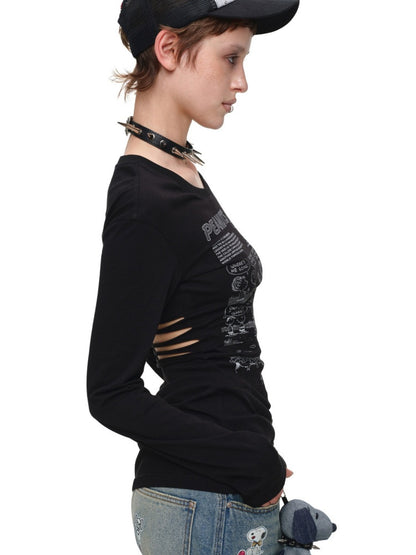 1JINN STUDIO x Snoopy Collaboration Retro Comic Print Cut Out Waist Revealing Long Sleeve T-Shirt【s0000018143】