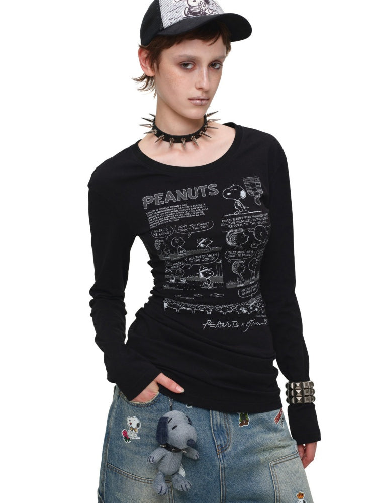 1JINN STUDIO x Snoopy Collaboration Retro Comic Print Cut Out Waist Revealing Long Sleeve T-Shirt【s0000018143】