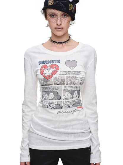 1JINN STUDIO x Snoopy Collaboration Retro Comic Print Cut Out Waist Revealing Long Sleeve T-Shirt【s0000018143】