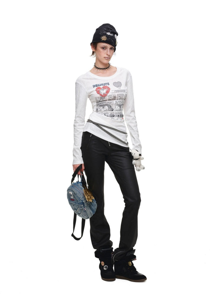 1JINN STUDIO x Snoopy Collaboration Retro Comic Print Cut Out Waist Revealing Long Sleeve T-Shirt【s0000018143】