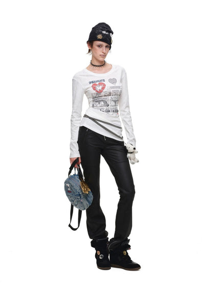 1JINN STUDIO x Snoopy Collaboration Retro Comic Print Cut Out Waist Revealing Long Sleeve T-Shirt【s0000018143】