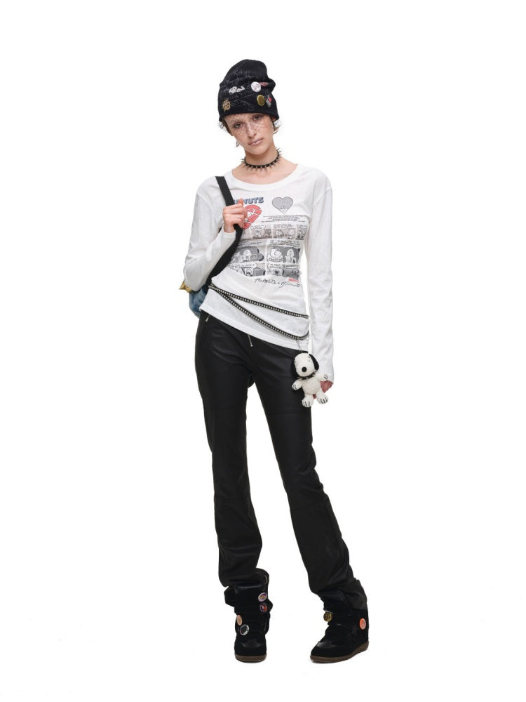 1JINN STUDIO x Snoopy Collaboration Retro Comic Print Cut Out Waist Revealing Long Sleeve T-Shirt【s0000018143】