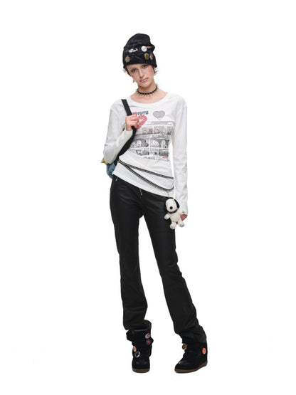 1JINN STUDIO x Snoopy Collaboration Retro Comic Print Cut Out Waist Revealing Long Sleeve T-Shirt【s0000018143】